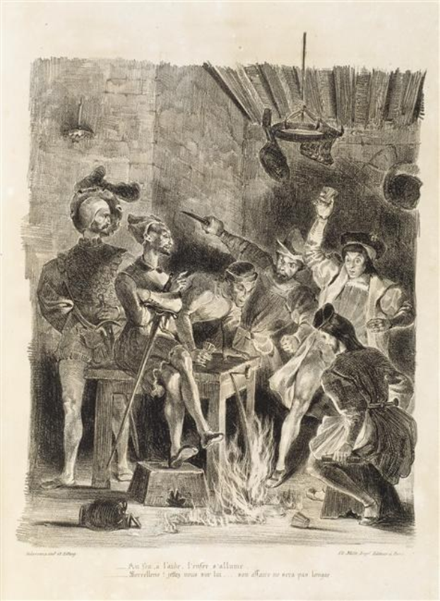 Schwarze und weiße Gravur, die eine Gruppe von besorgten Menschen zeigt, die sich um ein Feuer scharen, wobei einige am Boden liegen und andere stehen, mit einer Wand im Hintergrund; die Unterschrift unten lautet "Der Tod des Königs von England."