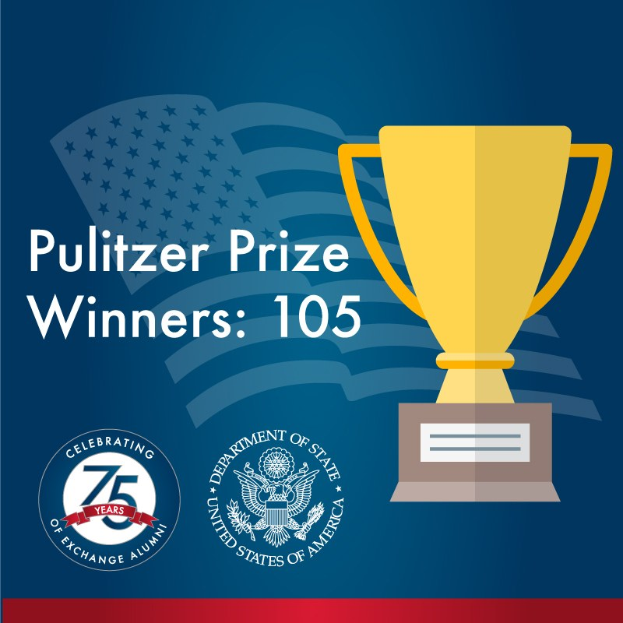 Plakat mit der Aufschrift "Pulitzer-Preis-Gewinner 105" mit einem zentralen Pokalsymbol, umgeben von Text und Logos.