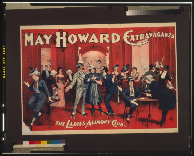Plakat für das May Howard Extravaganza im Ladies Alimony Club, das eine Gruppe von Menschen um Tische herum zeigt.