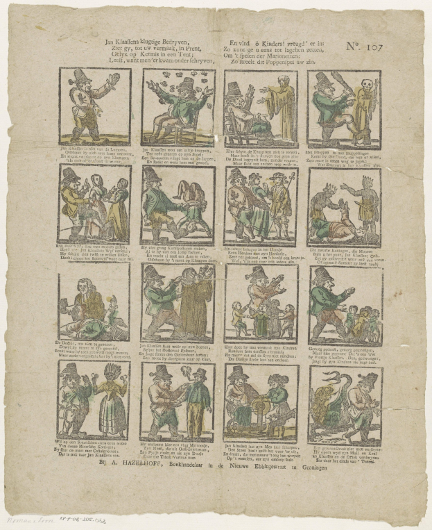 Eine Buchseite mit einer Zeichnung eines Mannes in Hut und einer Frau in Kleid, die sich heftig streiten, umgeben von Text und kleineren Illustrationen.