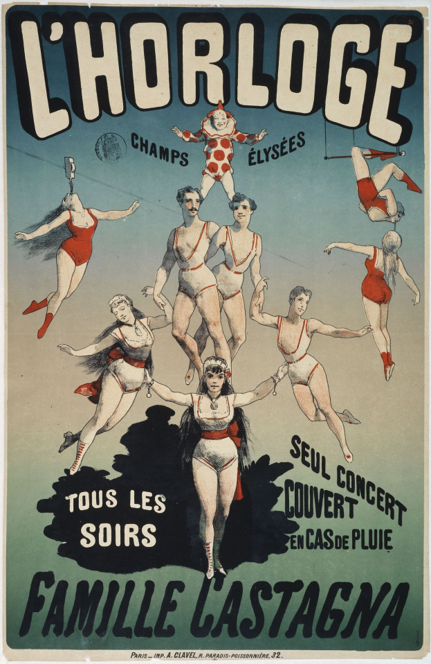 Ein Plakat für L'Horloge Family Lastagna, das eine Gruppe von Menschen in bunten Kostümen mit strahlenden Gesichtern tanzt.