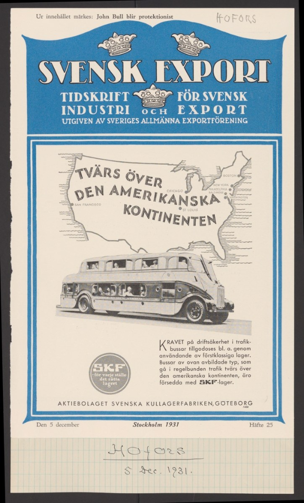 Schwarzer Hintergrundplakat mit einem Bus in der Mitte und Text, der "Svensk Export for Sweden" liest.
