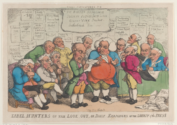 Gruppe von Menschen, die um einen Tisch sitzen, mit einer Person, die ein Papier hält, verstreuten Papieren und Gegenständen auf dem Tisch und Text unten mit der Aufschrift "Libel Hunters on the Look Out, or Daily Examiners of the Liberty of the Press".