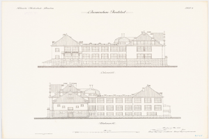 Eine handgezeichnete Skizze eines großen, mehrfenstrigen Gebäudes, das als "Chemistes Institut" in den Niederlanden bezeichnet ist, auf Papier gezeichnet mit begleitendem Text.