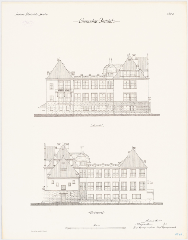Eine handgezeichnete Skizze eines großen, mehrfenstrigen Gebäudes, das als "Chemistes Institut" in den Niederlanden bezeichnet ist, auf Papier gezeichnet mit begleitendem Text.