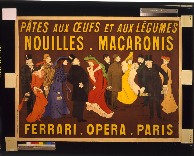 Plakat für die Ferrari-Oper in Paris in einem klassischen Photo-Frame, mit einer Gruppe von Menschen im Vordergrund und Text im Hintergrund.