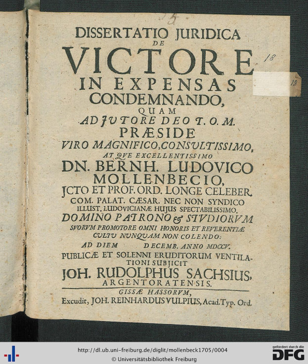 Offenes Buch mit dem Titel "Dissertation Juridica de Victore in Expensas Condemando" und sichtbarem Text, der auf rechtliche Gerichtsdokumente hinweist.