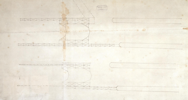 ArchitektonischerBlueprint einer Brücke mit detaillierten Bauplänen und Anmerkungen auf Papier.