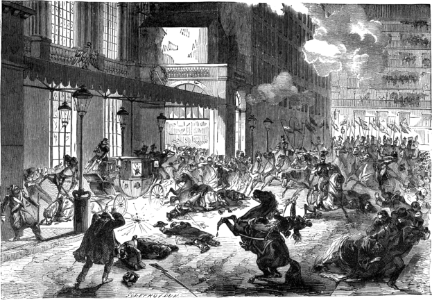 Schwarze und weiße chaotische Stadtstra├čenSzene mit berittenen Reitern im Vordergrund, horse-drawn carriage hinten, Geb├Ąude, Stra├čenlaternen, Rauch und Text unten.