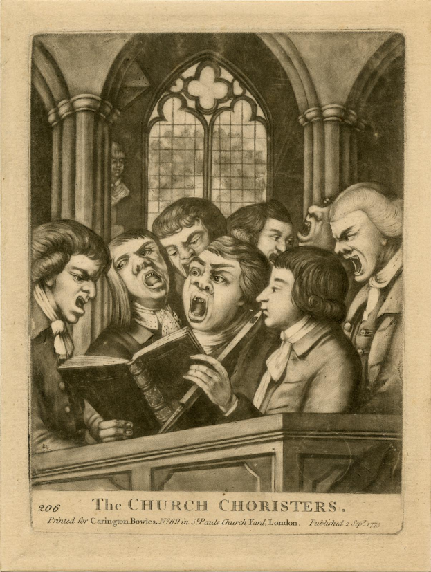 Eine Gruppe von Menschen, die in einer Kirche singen, einer hält ein Buch, mit Säulen und einem Fenster im Hintergrund und dem Text "Die Kirchenchoristen" unten.