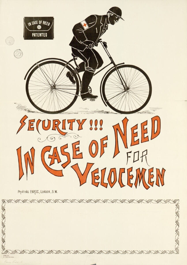 Vintage-Stil-Plakat mit einer Person in einem Helm und Schutzanzug auf einem leuchtend gelben Fahrrad, mit der Aufschrift "Sicherheit im Falle von Bedarf für Velocemen" darüber.
