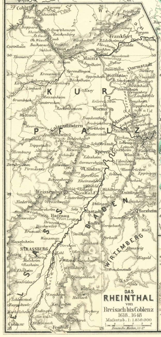 Ein detailliertes altes Kartenbild des Rheins in Deutschland, das Flüsse, Städte und geografische Merkmale zeigt, mit Text oben und unten für zusätzliche Informationen.