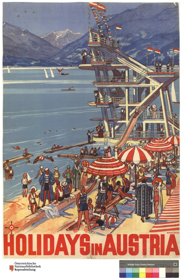 Plakat, das Urlaub in Österreich bewirbt und Menschen am Strand mit Schirmen, einem Schiff im Hintergrund, Fahnen und fernen Bergen zeigt.