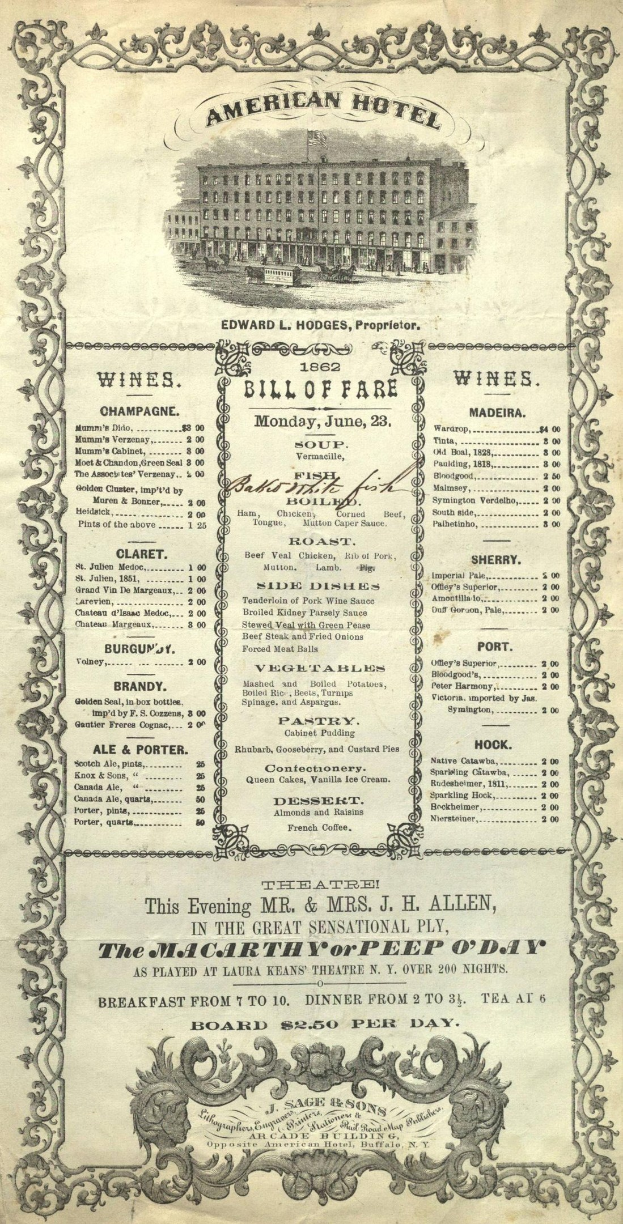 Altes Buch mit dem Titel "American Hotel Bill of Fare von 1862" mit einer Abbildung des Gebäudes und detaillierten Text über gastronomische Angebote.