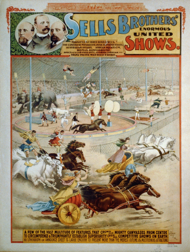 Zirkusplakat, das Sell's Brothers' Enormous United Shows ankündigt und eine Gruppe von Menschen zeigt, die auf Pferden reiten.