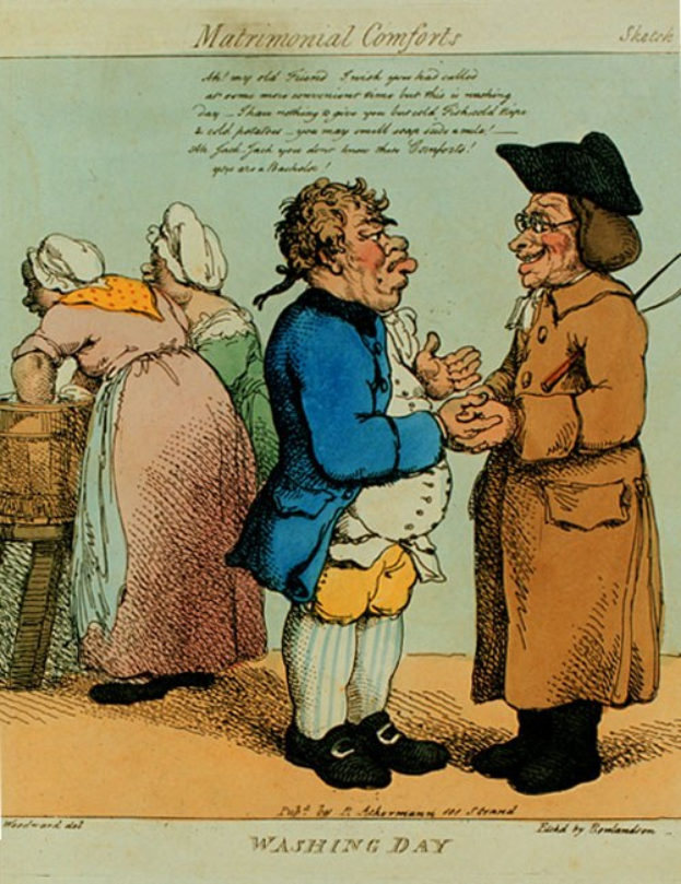 Cartoon eines Mannes und einer Frau im Gespräch mit einem humorvollen Plakat im Hintergrund.