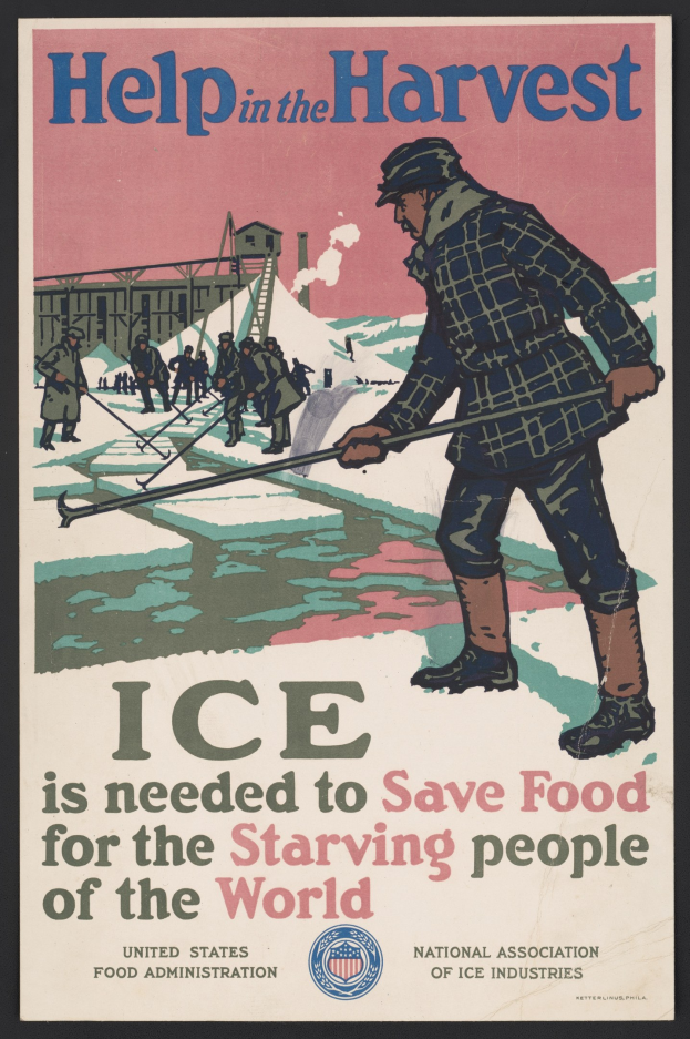 Plakat mit einer Person in einem weißen Hemd und blauen Jeans, die in einem verschneiten Feld unter einem klaren blauen Himmel steht, mit fetter schwarzer Schrift, die "Hilfe bei der Ernte - Eis wird benötigt, um Lebensmittel für die hungernden Menschen der Welt zu retten."