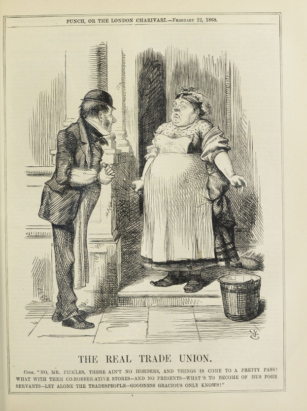 Eine handgezeichnete Abbildung auf Papier zeigt einen Mann und eine Frau, die mit einem Eimer neben ihnen stehen, mit dem Text "Der echte Gewerkschafter" unten.