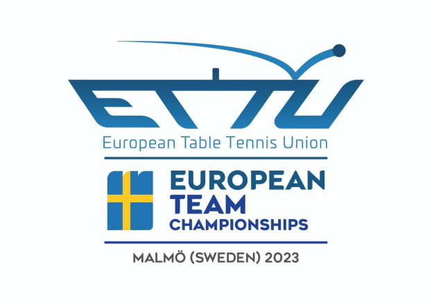 Das Logo der Europäischen Tischtennis-Union (ETTU) für die Europameisterschaften im Mannschaftsbereich, bestehend aus einem blauen Kreis mit einem weißen Tischtennisschläger, einem weißen und blauen Rand und schwarzer Schrift darunter.