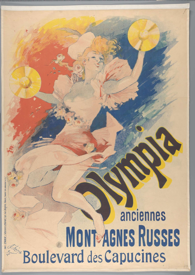 Ein Plakat, das die Olympischen Spiele in Mont-Agnes-Russes, Frankreich, ankündigt und eine Frau mit menschlichem Gesicht zeigt, die ein buntes Kleid trägt und einen Fächer hält, mit Text, der das Ereignis beschreibt.