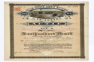 Altes deutsches Wertpapier mit einer Gebäudeillustration und Text, der wahrscheinlich auf ein aktives Zertifikat hinweist.