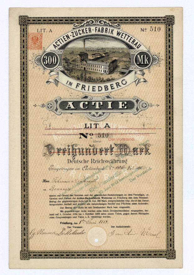 Altes deutsches Wertpapier mit einer Gebäudeillustration und Text, der wahrscheinlich auf ein aktives Zertifikat hinweist.