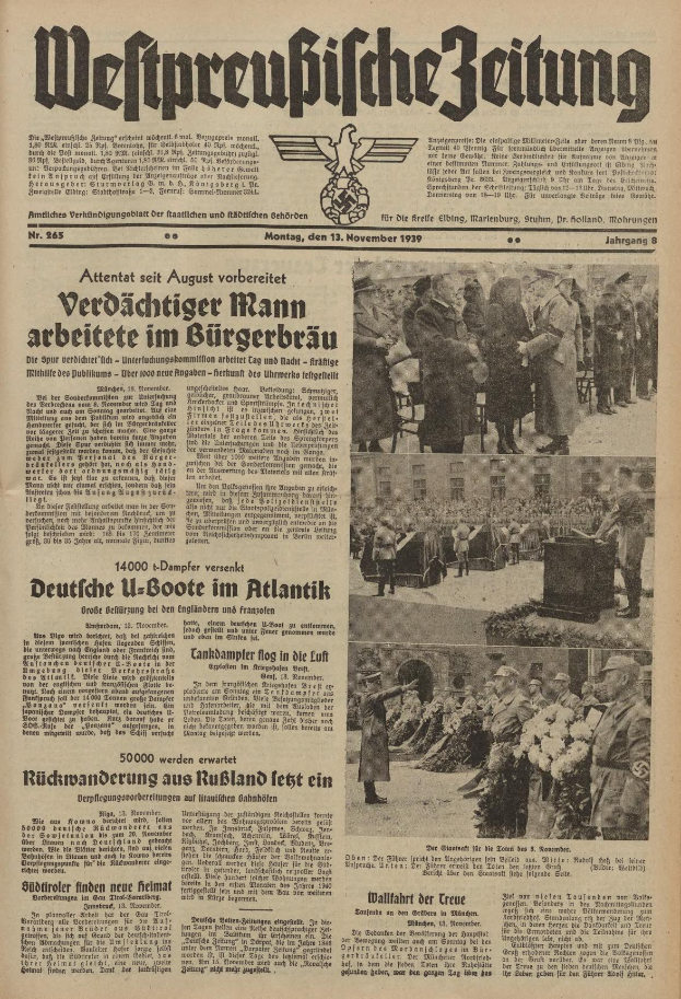 Titelseite einer deutschen Zeitung vom 13. November 1939, betitelt mit 'Weitpreubliche Zeitung', die eine Gruppe von Menschen in traditioneller deutscher Kleidung in einer feierlichen Umgebung zeigt.