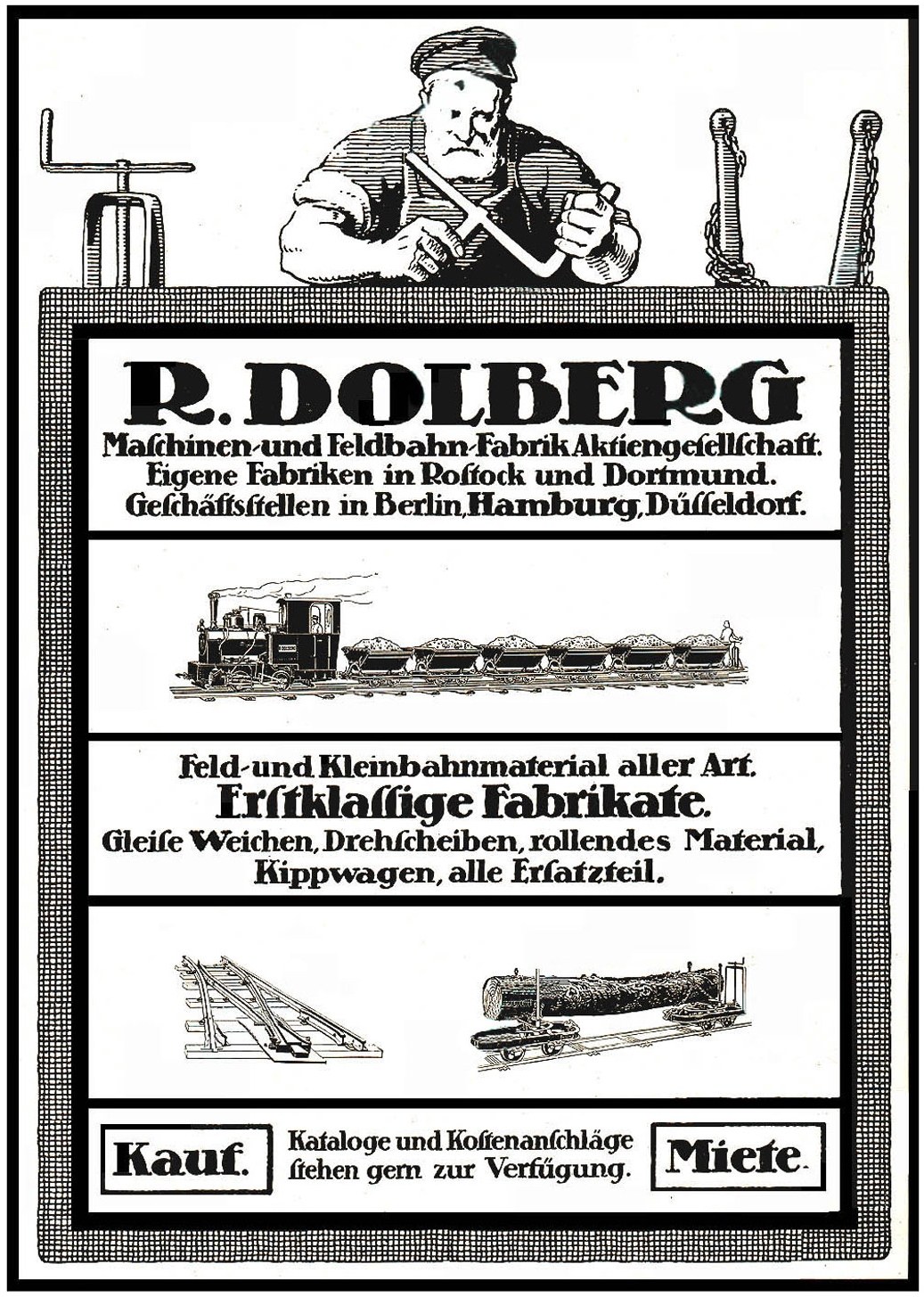 Werbeplakat für die Fabrik von R.D. Dolberg in Hamburg, Deutschland, mit Text und Abbildungen einer Person, eines Zugs und weiterer Gegenstände.