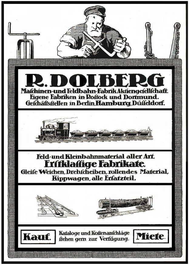 Werbeplakat für die Fabrik von R.D. Dolberg in Hamburg, Deutschland, mit Text und Abbildungen einer Person, eines Zugs und weiterer Gegenstände.
