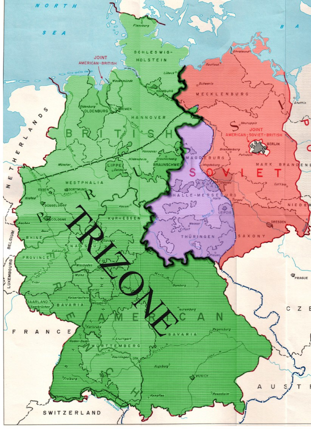 Ein Plakat, das eine Deutschlandkarte mit den Trizonen-Provinzen in verschiedenen Farben hervorhebt, begleitet von erklärendem Text.