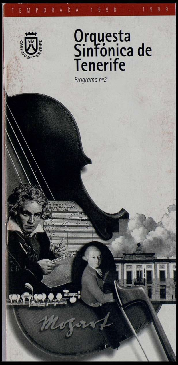 Plakat für das zweite Programm des Symphonieorchesters Teneriffa, das Mozarts Symphonie Nr. 2 D-Moll, Op. 63, mit zwei Geigerinnen im Vordergrund und einem Gebäude im Hintergrund zeigt.