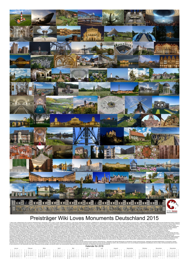 Ein Kalender aus dem Jahr 2015 mit einer Collage deutscher Denkmäler und dem Text "Preisträger Wiki Loves Monuments Deutschland 2015".