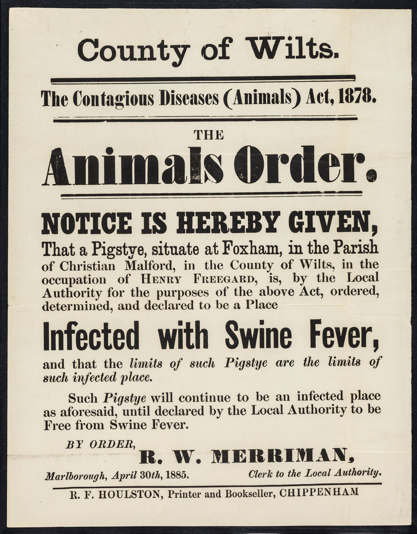 Plakat betitelt "Der Landkreis Wilts, Das Gesetz über ansteckende Tierkrankheiten, 1878" Ankündigung einer Mitteilung über Schweinepest.