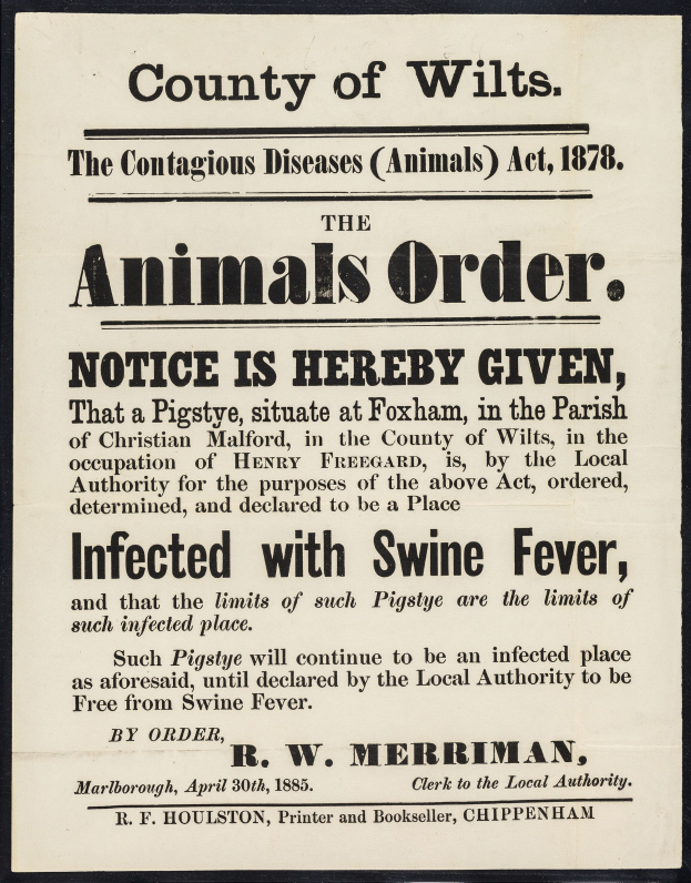 Plakat betitelt "Der Landkreis Wilts, Das Gesetz über ansteckende Tierkrankheiten, 1878" Ankündigung einer Mitteilung über Schweinepest.