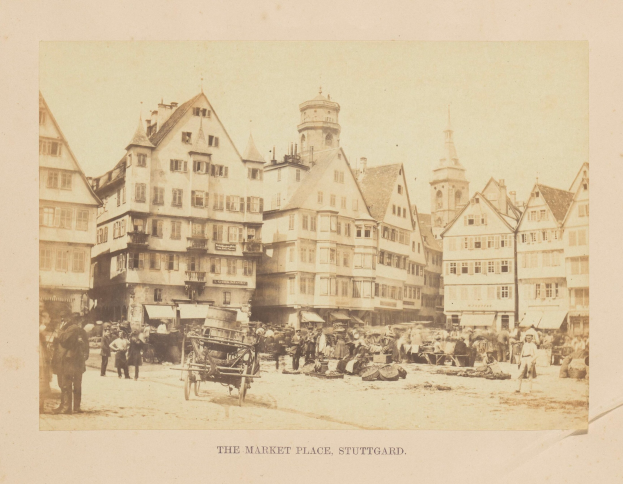 Black and white photo of a busy market square in Stuttgart, Germany, with people, carts, and buildings with windows, featuring text at the bottom.