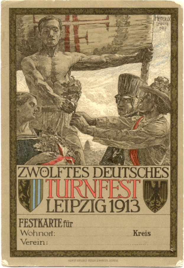 Plakat für das Zwölfte Deutsche Turnfest Leipzig 1913, das eine zentrale Gruppe von Menschen und Text zum Ereignis zeigt.