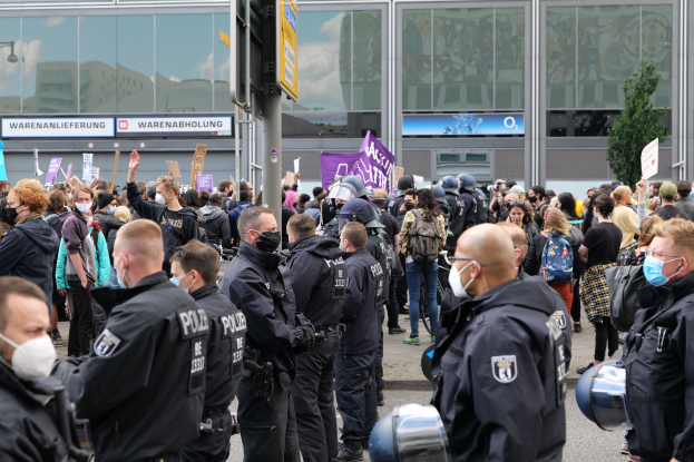 Eine große Gruppe von Menschen steht vor einem Gebäude, einige halten Schilder und tragen Helme, mit einem Pfahl und einer Tafel im Vordergrund und einem Baum im Hintergrund, was auf eine Demonstration hinweist.