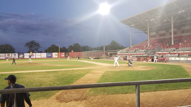 Baseballspiel in einem Stadion mit Zuschauern in den Rängen, Bäumen, Mästen, Lichtern und Werbetafeln unter einem klaren blauen Himmel.