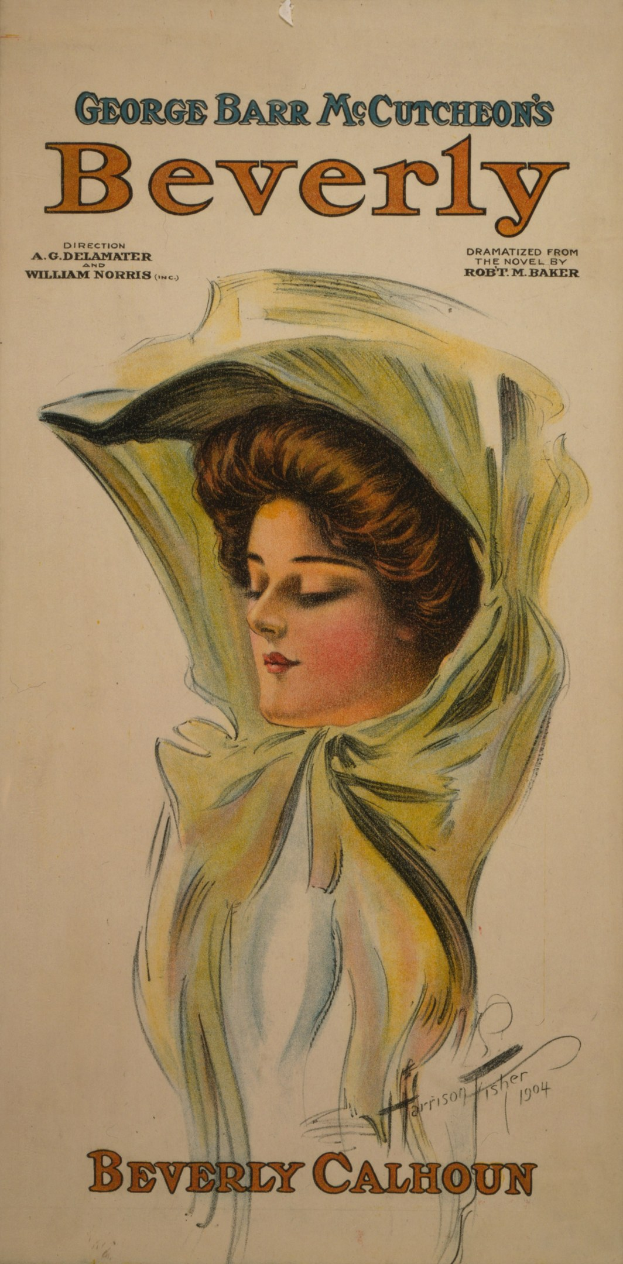 Plakat einer Frau mit sanftem Gesichtsausdruck, geschlossenen Augen, die ein weißes Kleid mit einem gemusterten Schal trägt, ihr Haar ist ordentlich hochgesteckt, mit der Aufschrift "Beverly by ARTIST McCutcheon" darüber.