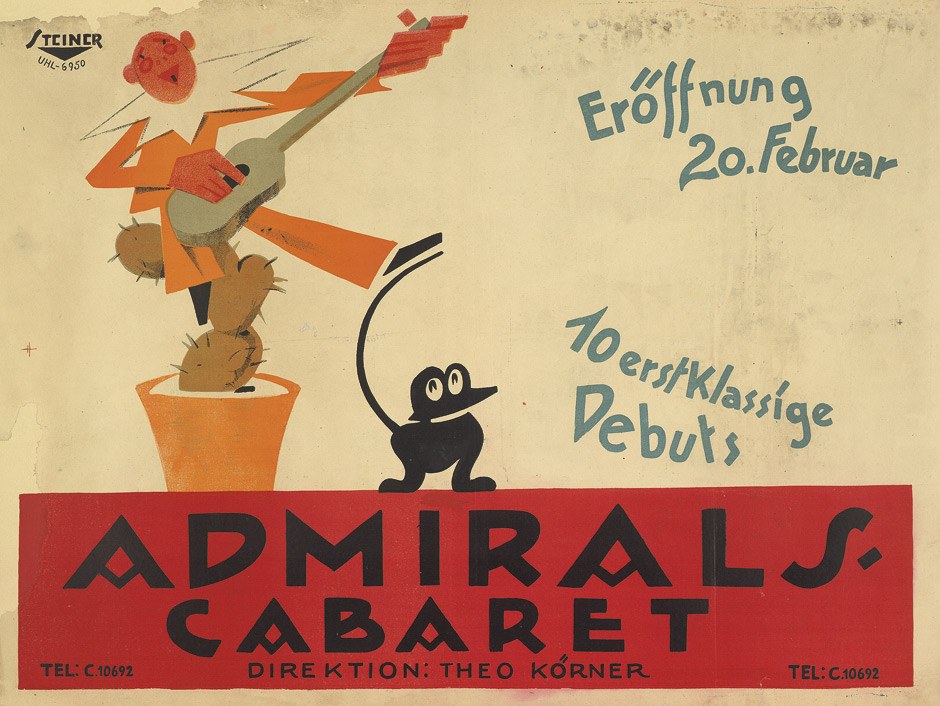 Plakat für das Admiral's Cabaret in Berlin mit einer Cartoon-Figur, die eine Gitarre spielt, mit einem menschlichen Gesicht, weißem Hemd und schwarzem Hut auf einem hellgelben Hintergrund.