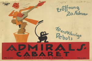 Plakat für das Admiral's Cabaret in Berlin mit einer Cartoon-Figur, die eine Gitarre spielt, mit einem menschlichen Gesicht, weißem Hemd und schwarzem Hut auf einem hellgelben Hintergrund.