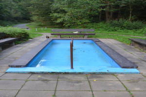 Kleiner Parkteich mit zentralem Pfahl, umgeben von Bänken, Gras, Bäumen und einer Straße.