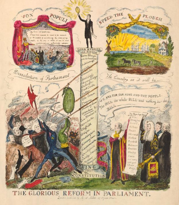 Ein buntes illustriertes Dokument mit der Überschrift "Die glorreiche Reform im Parlament", das mutige Texte und verschiedene lächelnde Menschen zeigt, die Hoffnung und Fortschritt symbolisieren.