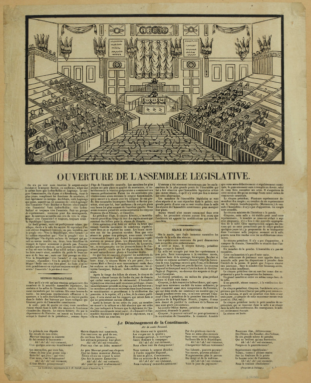 Schwarz-weiß-Illustration einer Gesetzgebungskammer mit Menschen in Reihen, begleitet von Text aus einer alten Zeitung.