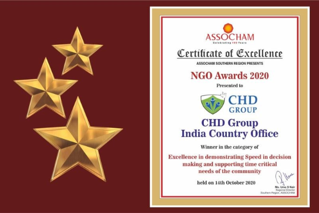Auszeichnung 'Exzellenz' für die NGO Awards 2020 an Chd Group India Country Office verliehen, mit einem Schild-Logo mit einem zentralen Stern und einem Lorbeerkranz.