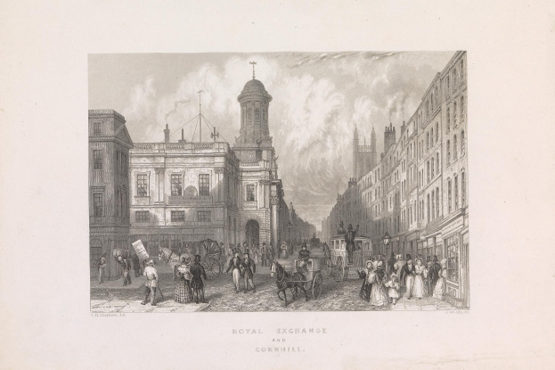 Gravur einer Stadtstraße mit Fußgängern, Pferdekarren, Gebäuden und einem Himmel, beschriftet mit "Royal Exchange und Cornhill" unten.