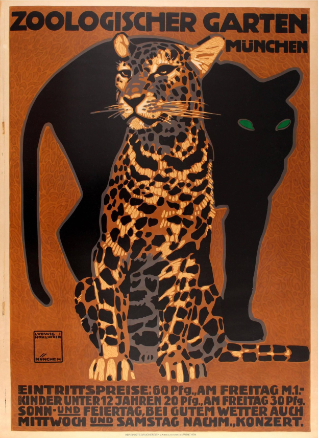 Plakat für eine Münchner Zoo-Werbung mit Leopard und Hauskatze.