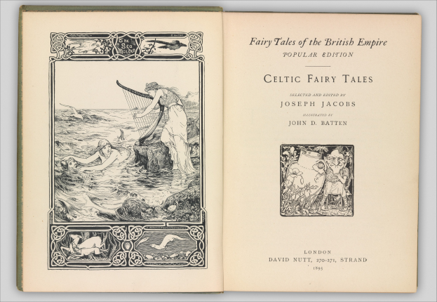 Ein aufgeschlagenes Buch mit einer Illustration eines keltischen Feenmärchens auf dem Cover, das auf einer flachen Oberfläche liegt und lesbare Text auf der Seite zeigt.