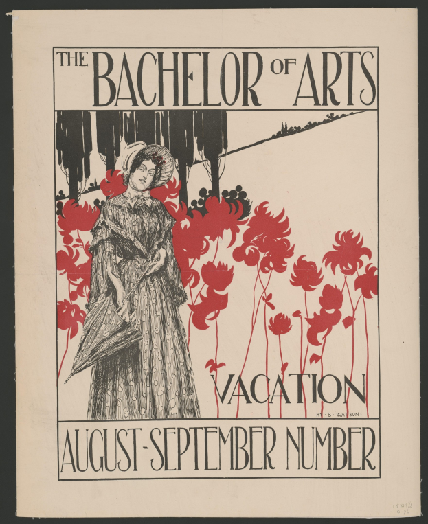 Plakat mit schwarzem Hintergrund, das eine Frau in einem weißen Kleid mit blauer Stola und weißem Federhut zeigt, die in einem Feld gelber Blumen unter einem blauen Himmel steht, Text lautet "The Bachelor of Arts Vacation August-September Number" in weißer fetter Schrift mit goldenem Rand.