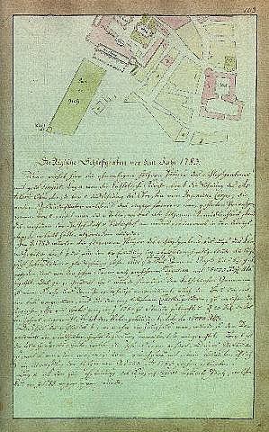 Altes deutsches Dokument aus dem Jahr 1782 mit einer detaillierten Stadtkarte auf der ersten Seite, einschließlich Straßen, Gebäuden und Sehenswürdigkeiten, begleitet von Text.